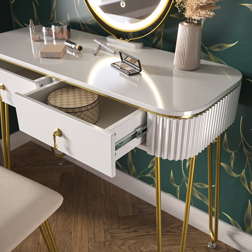 Vicco Tavolo da toeletta Bianco lucido 100 cm con illuminazione LED e sgabello