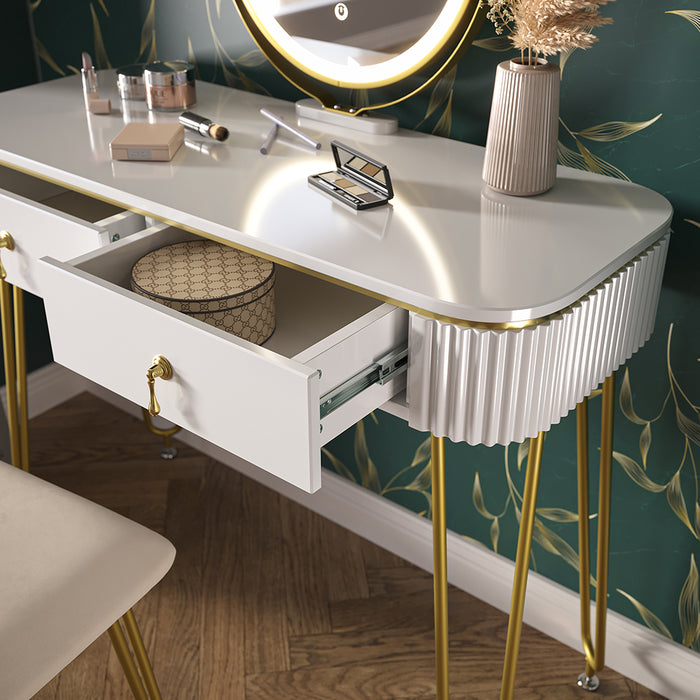 Vicco Tavolo da toeletta Bianco lucido 100 cm con illuminazione LED e sgabello
