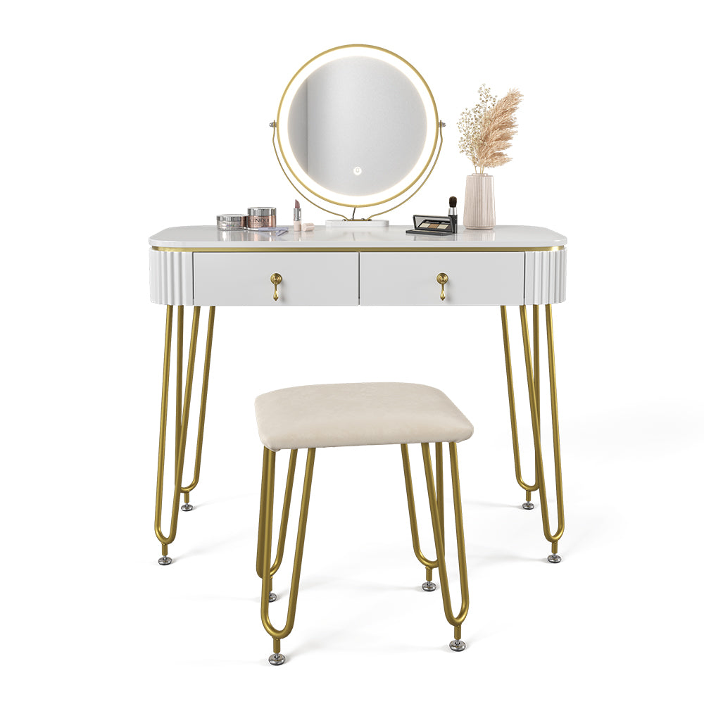 Vicco Tavolo da toeletta Bianco lucido 100 cm con illuminazione LED e sgabello
