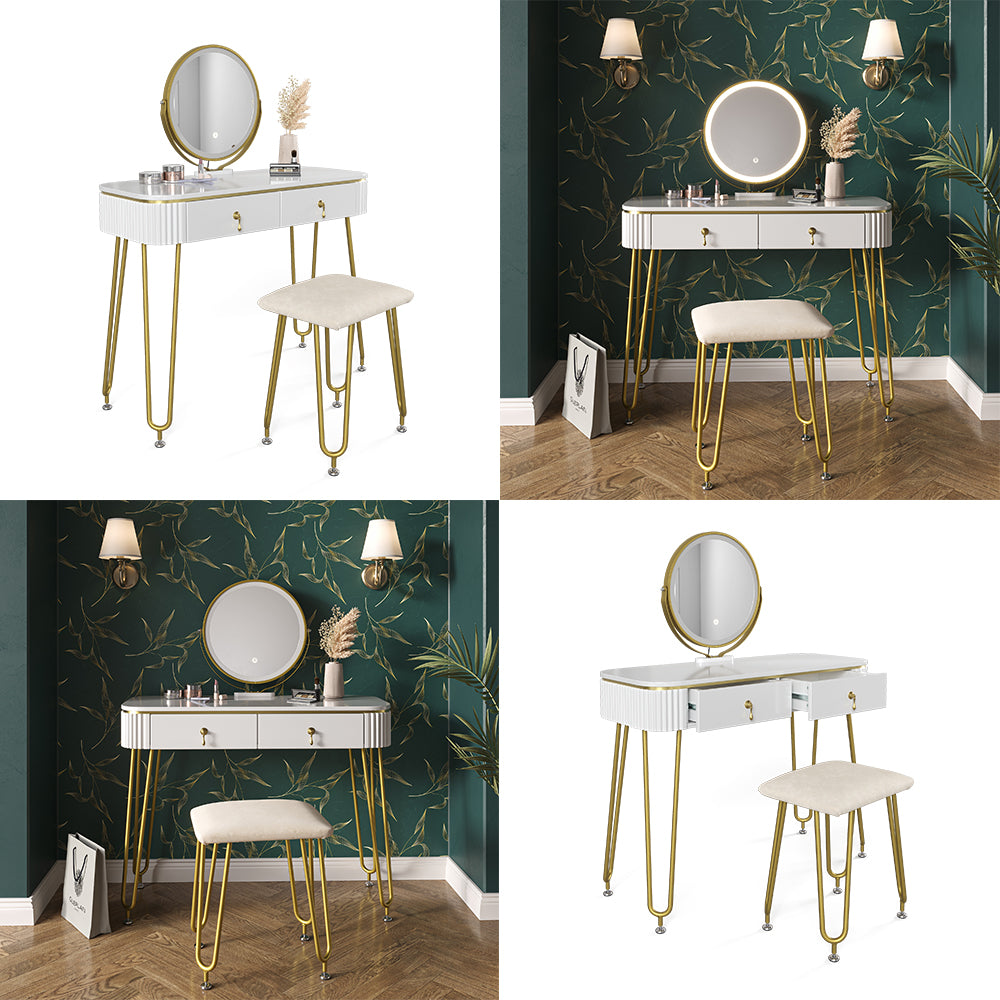 Vicco Tavolo da toeletta Bianco lucido 100 cm con illuminazione LED e sgabello