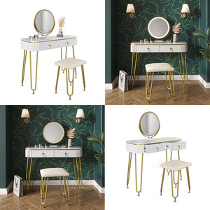 Vicco Tavolo da toeletta Bianco lucido 100 cm con illuminazione LED e sgabello