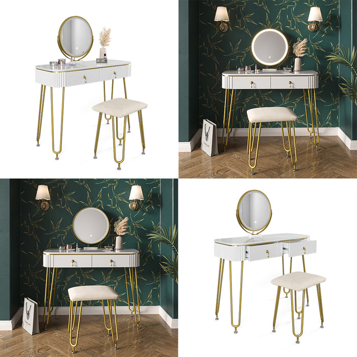 Vicco Tavolo da toeletta Bianco lucido 100 cm con illuminazione LED e sgabello