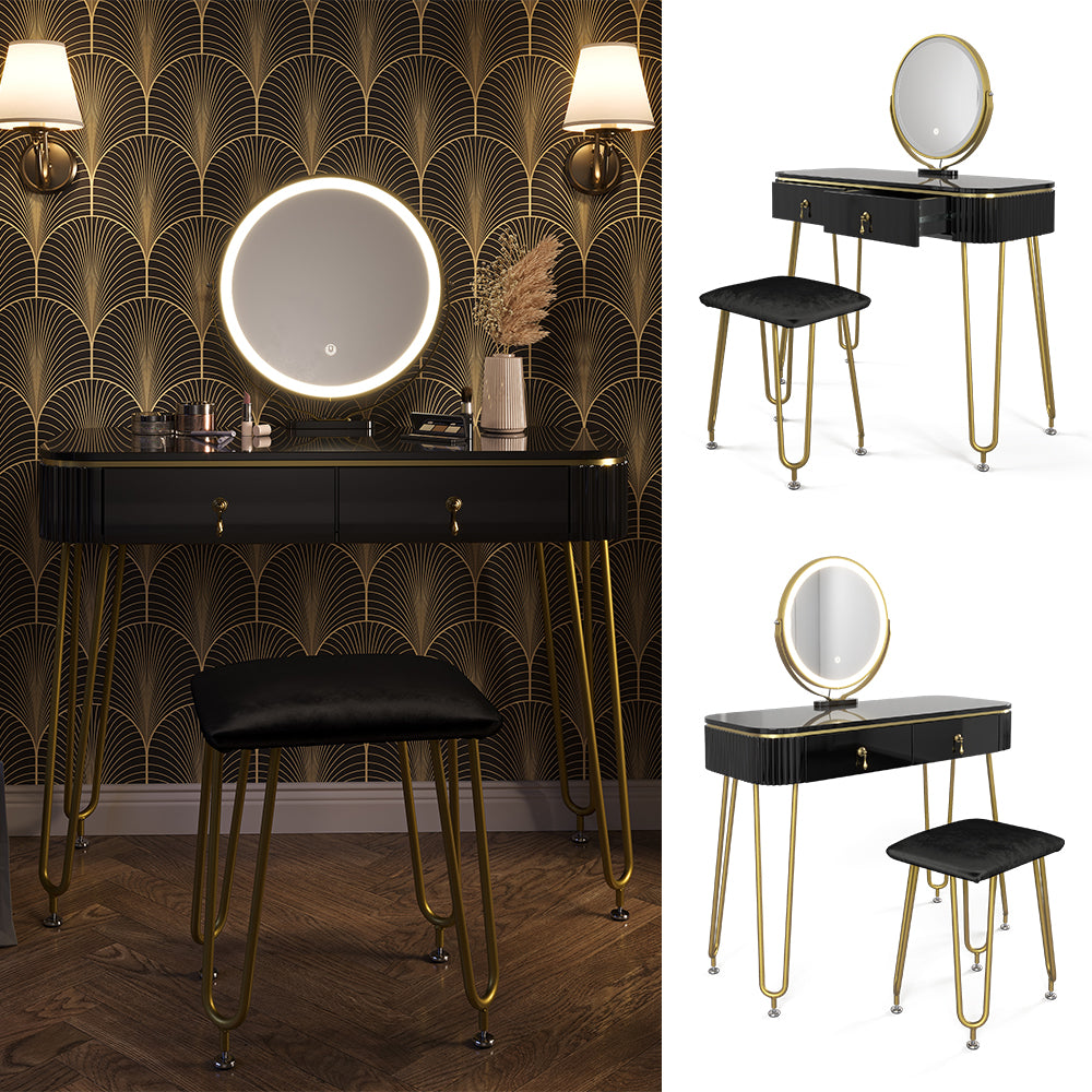 Vicco Tavolo da toeletta Nero 100 cm con illuminazione LED e sgabello