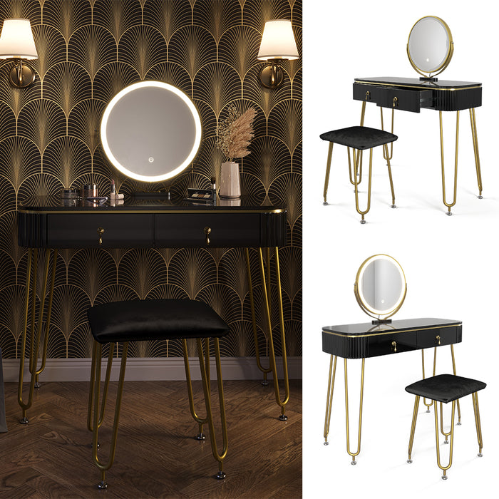 Vicco Tavolo da toeletta Nero 100 cm con illuminazione LED e sgabello