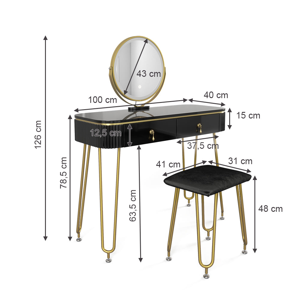 Vicco Tavolo da toeletta Nero 100 cm con illuminazione LED e sgabello
