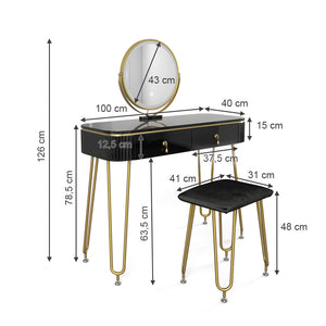 Vicco Tavolo da toeletta Nero 100 cm con illuminazione LED e sgabello