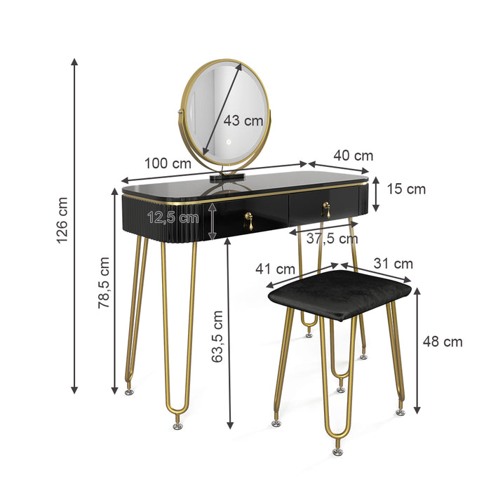 Vicco Tavolo da toeletta Nero 100 cm con illuminazione LED e sgabello