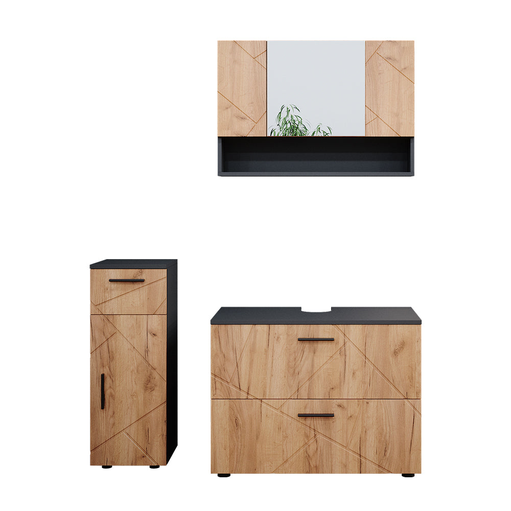 Vicco Set mobili bagno Quercia dorata/antracite 3 parti, con cassettiera e mobile midi