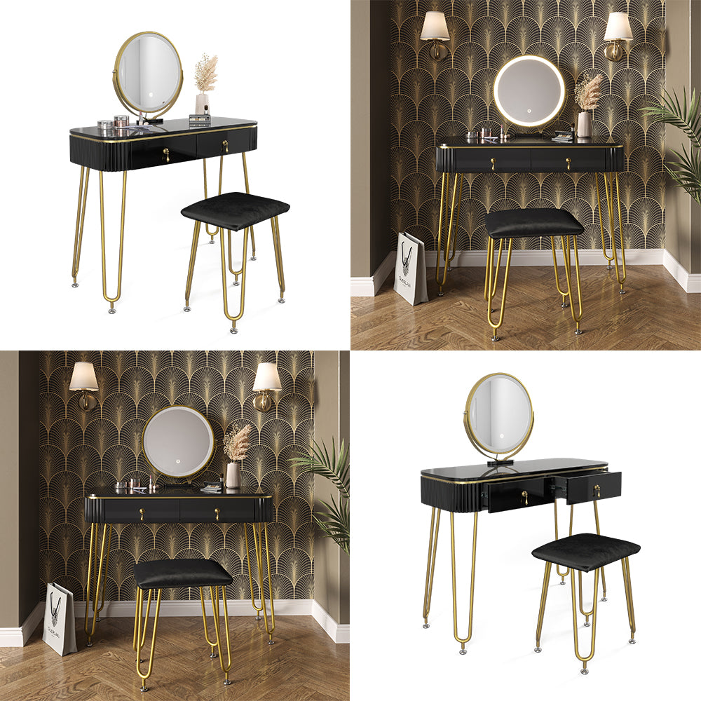 Vicco Tavolo da toeletta Nero 100 cm con illuminazione LED e sgabello