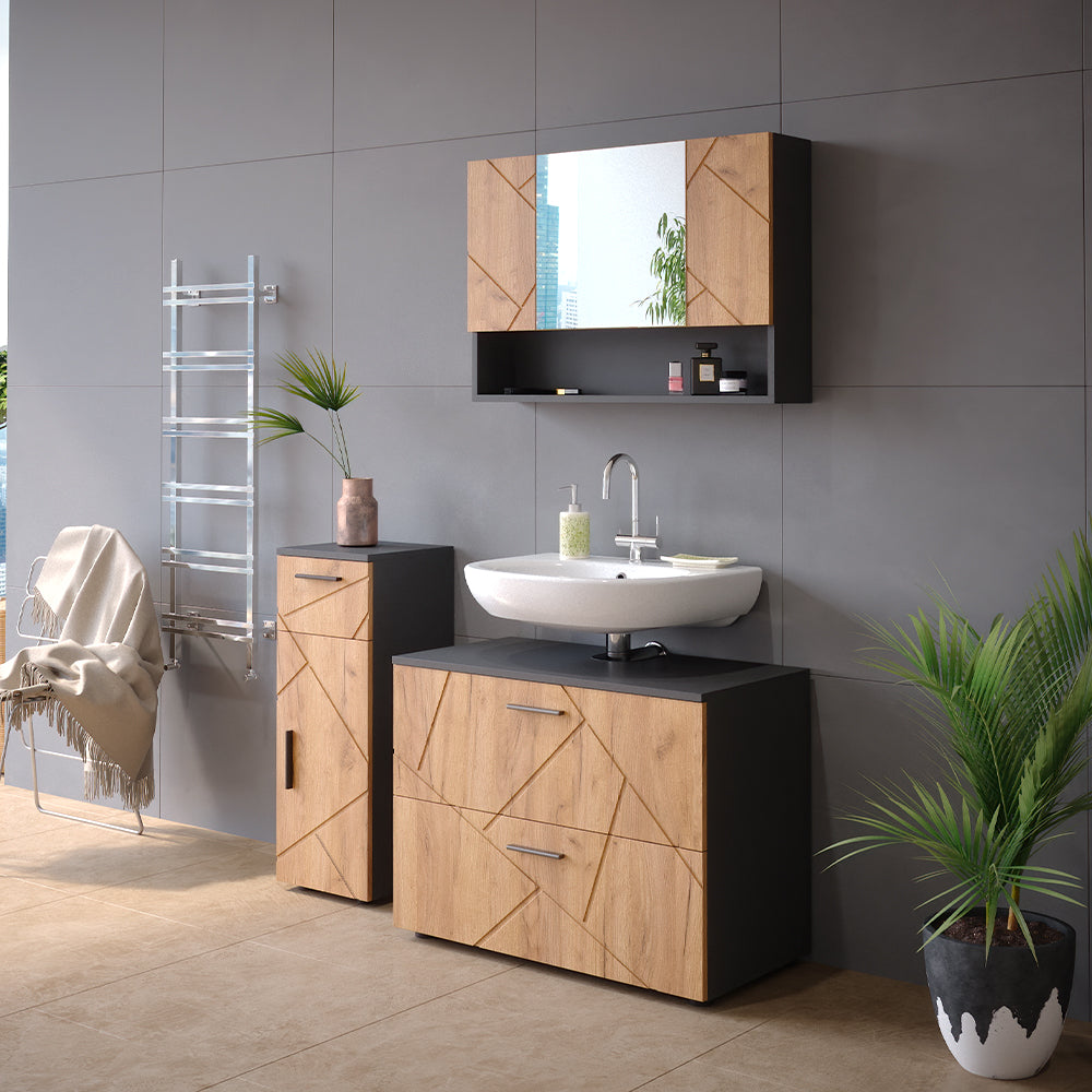 Vicco Set mobili bagno Quercia dorata/antracite 3 parti, con cassettiera e mobile midi