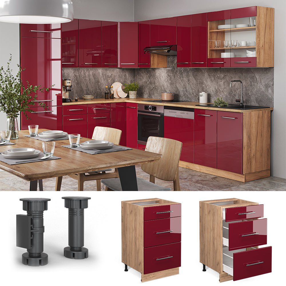 Vicco Mobiletto base per cucina Rosso bordeaux lucido 50 cm senza piano di lavoro
