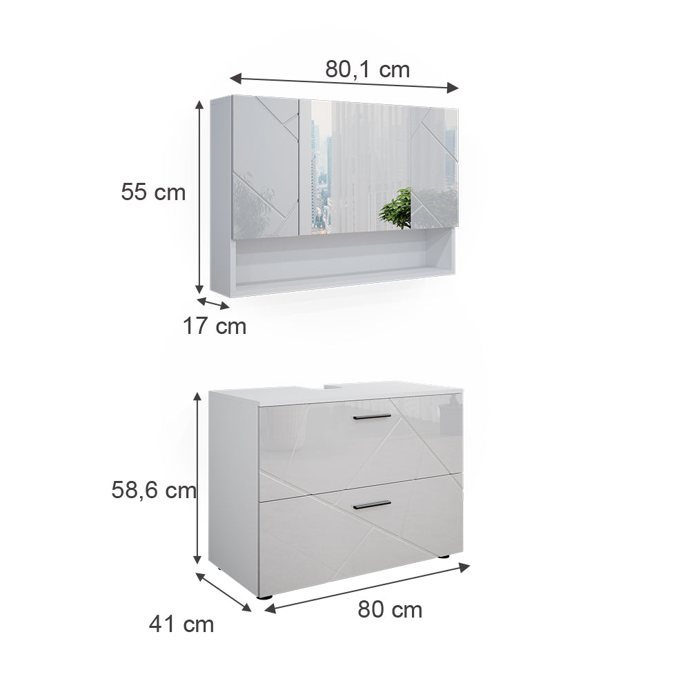 Vicco Set mobili bagno Bianco lucido 2 parti, mobile base 80 cm
