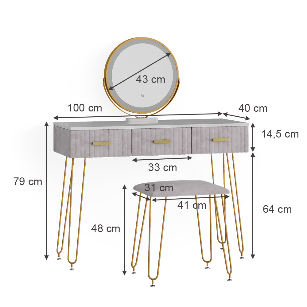 Vicco Tavolo da toeletta Grigio 100 cm con illuminazione LED e sgabello