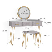 Vicco Tavolo da toeletta Grigio 100 cm con illuminazione LED e sgabello