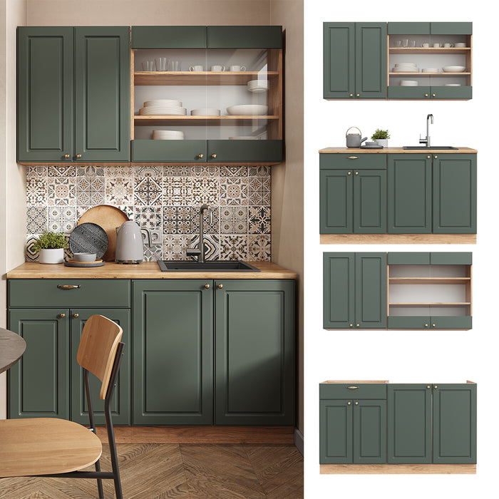 Vicco Cucina completa Quercia verde-oro Country/oro Power 140 cm senza piano di lavoro