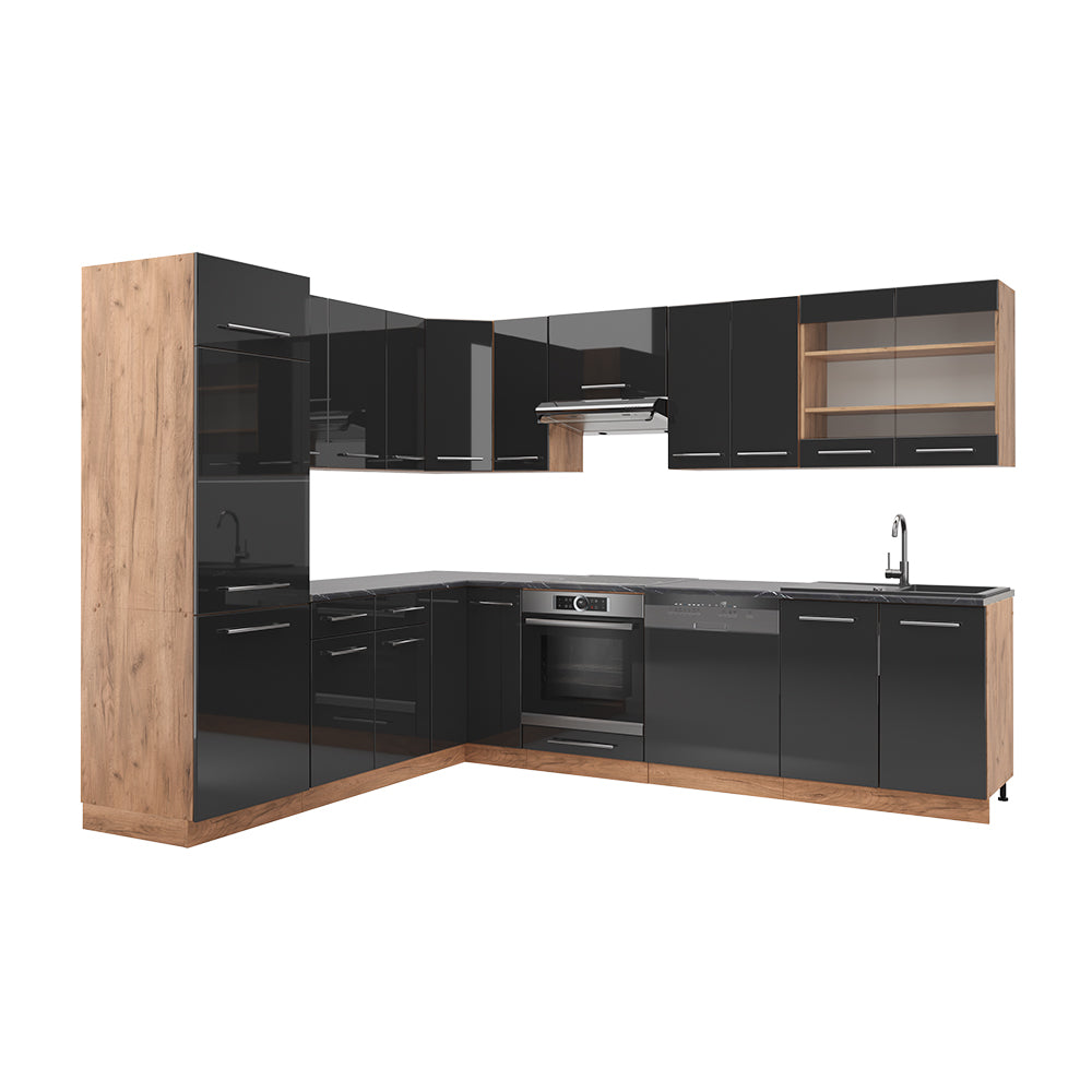 Vicco Cucina angolare completa Antracite lucido/oro power oak 227 x 60 cm senza piano di lavoro