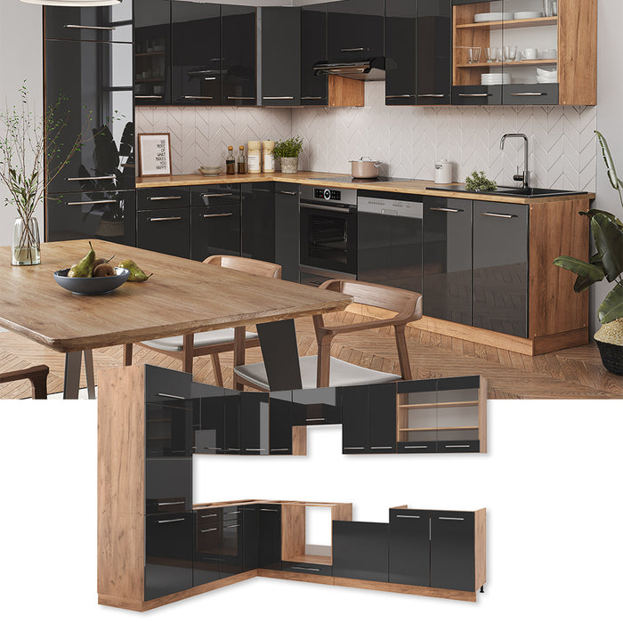 Vicco Cucina angolare completa Antracite lucido/oro power oak 227 x 60 cm senza piano di lavoro