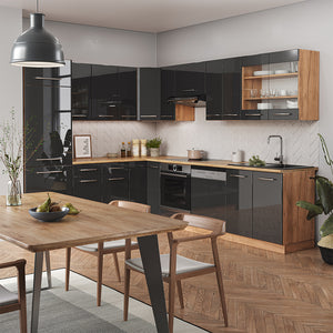 Vicco Cucina angolare completa Antracite lucido/oro power oak 227 x 60 cm senza piano di lavoro