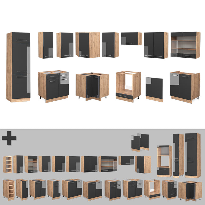 Vicco Cucina angolare completa Antracite lucido/oro power oak 227 x 287 cm , PL Antracite
