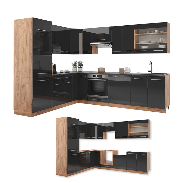 Vicco Cucina angolare completa Antracite lucido/oro power oak 227 x 60 cm senza piano di lavoro