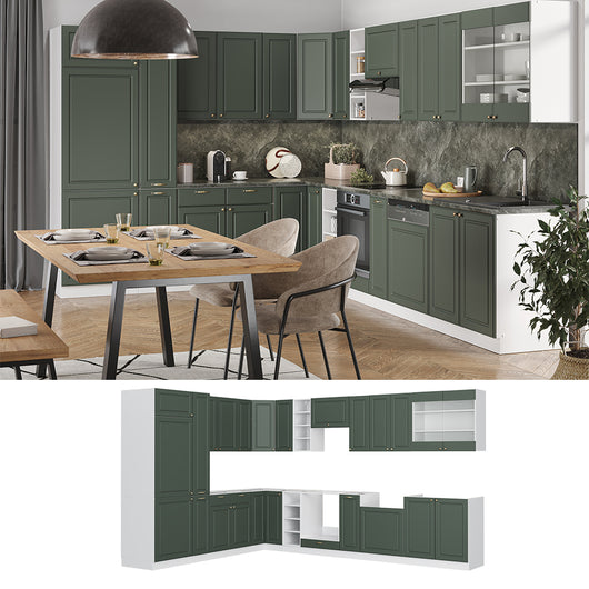 Vicco Cucina angolare completa Verde-oro Country House/Bianco 347 x 257 cm , PL Marmo