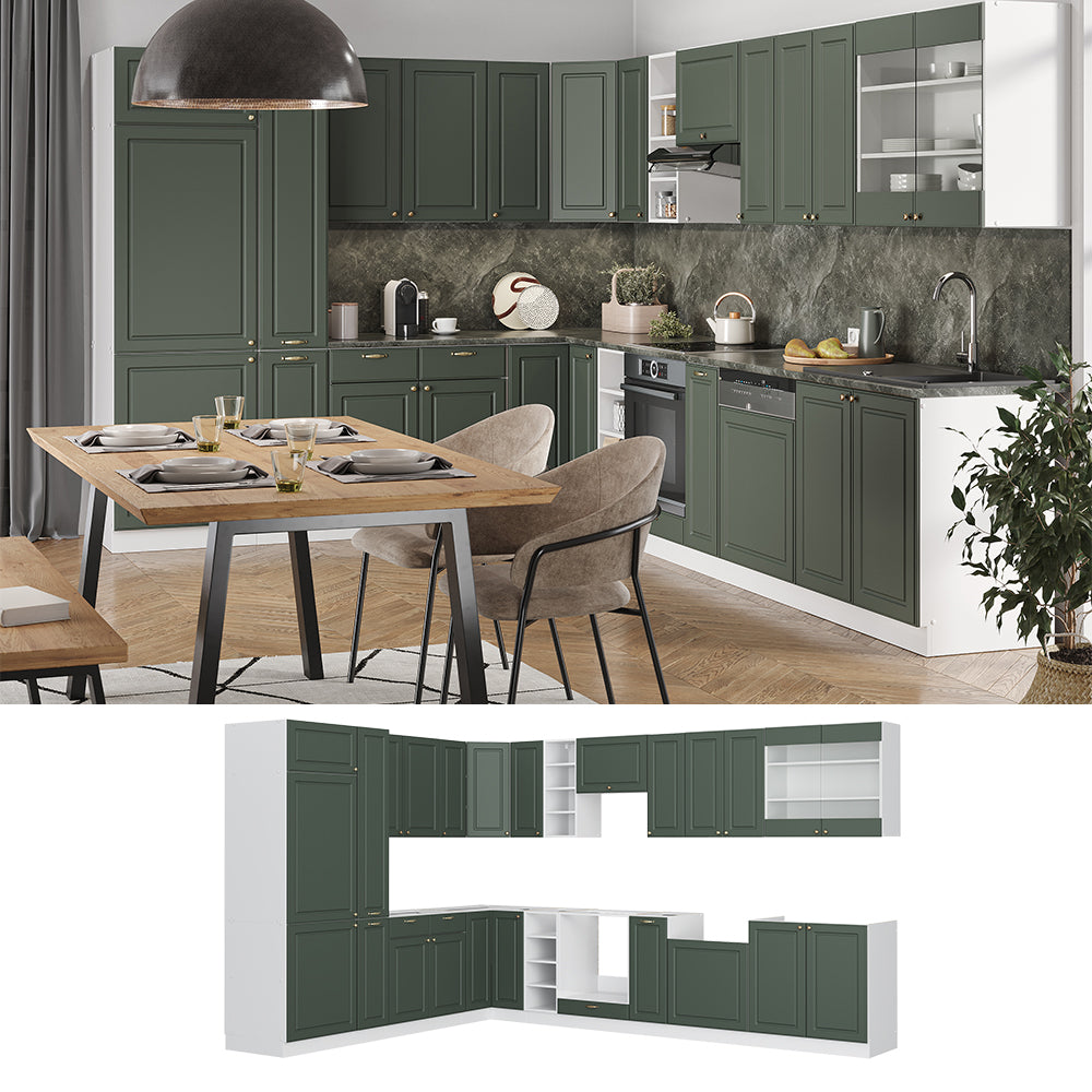 Vicco Cucina angolare completa Verde-oro Country House/Bianco 347 x 257 cm senza piano di lavoro