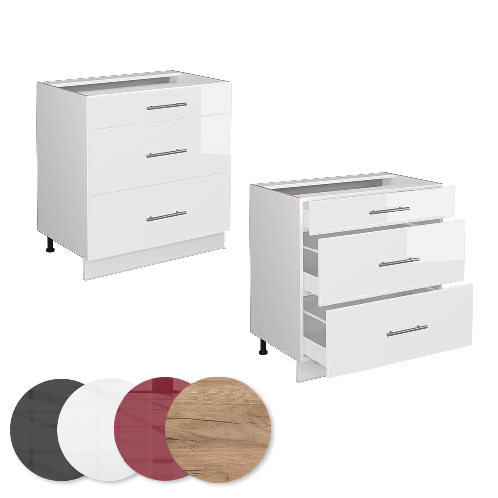 Vicco Mobiletto base per cucina Bianco lucido 80 cm con 3 cassetti, senza piano di lavoro