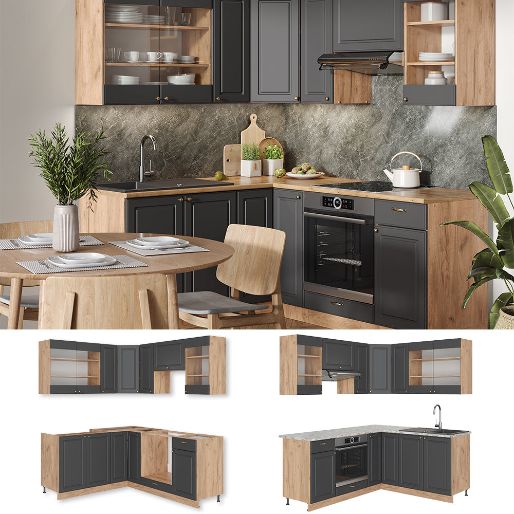 Vicco Cucina angolare completa Antracite Country House/oro Kraft Oak 160 x 190 cm , PL Rovere