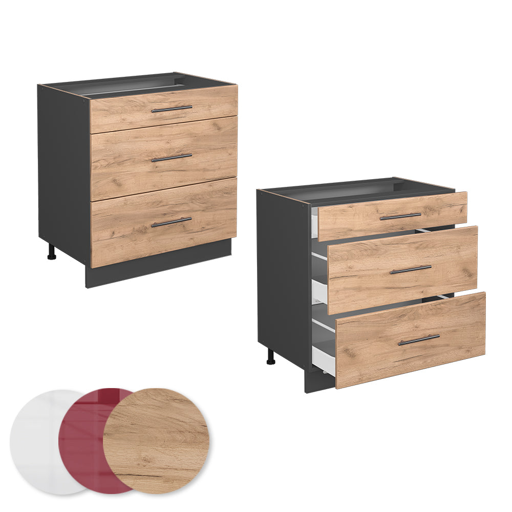 Vicco Mobiletto base per cucina Quercia dorata 80 cm con 3 cassetti, senza piano di lavoro