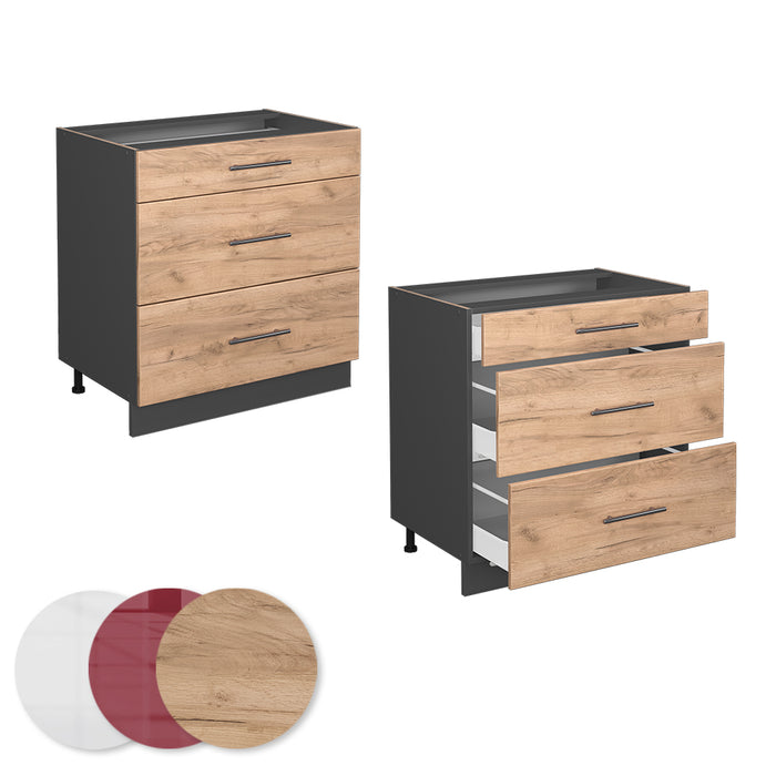Vicco Mobiletto base per cucina Quercia dorata 80 cm con 3 cassetti, senza piano di lavoro