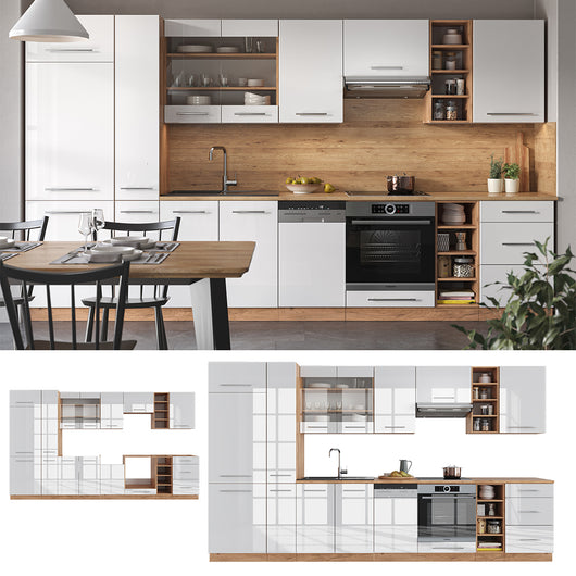 Vicco Cucina componibile Bianco lucido/oro power oak 355 cm , PL Marmo