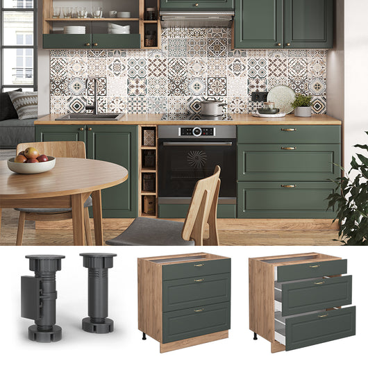 Vicco Mobiletto base per cucina Verde-oro Country House 80 cm con 3 cassetti, senza piano di lavoro