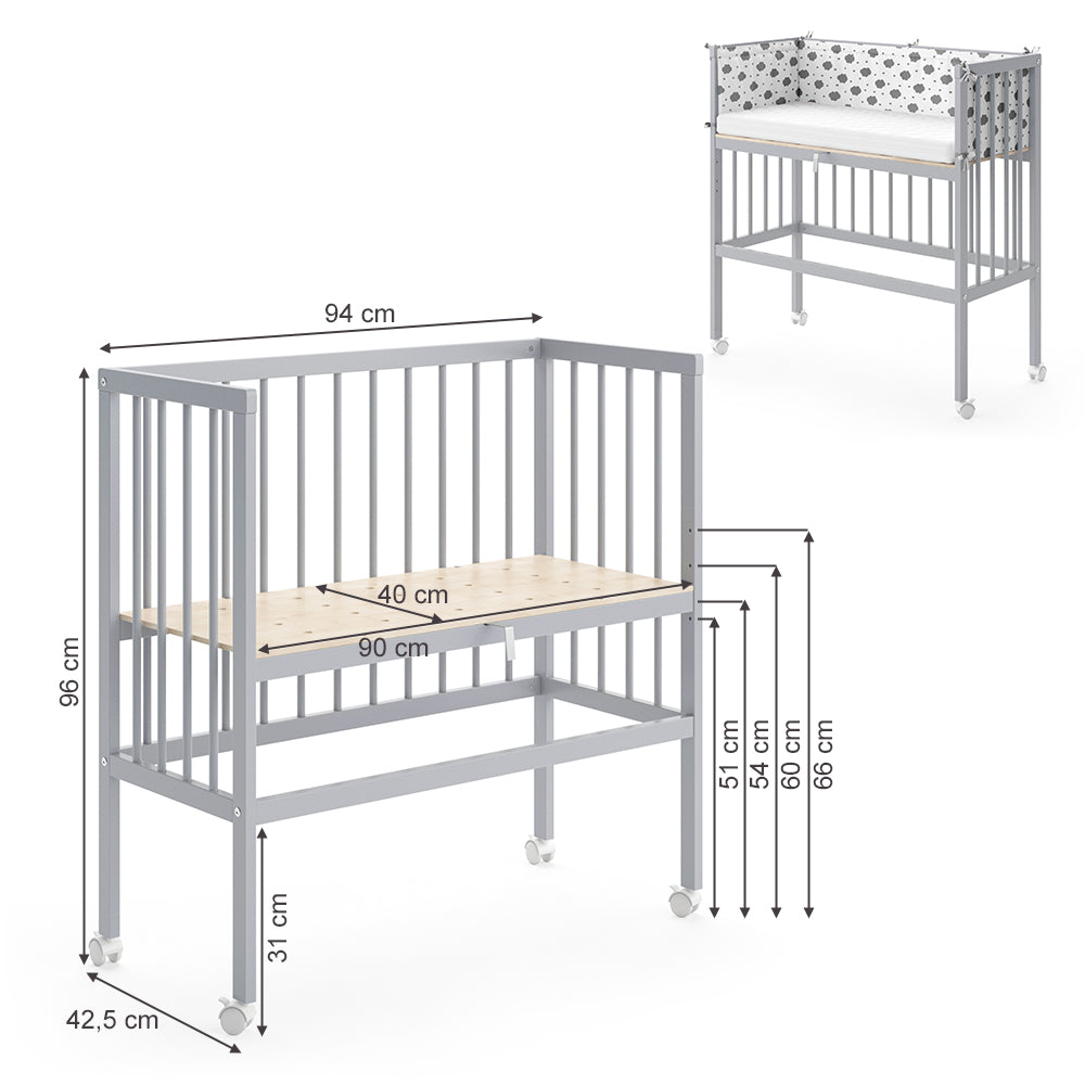 Vitalispa Lettino da attaccare al letto Grigio 94 x 90 cm 1 binario laterale