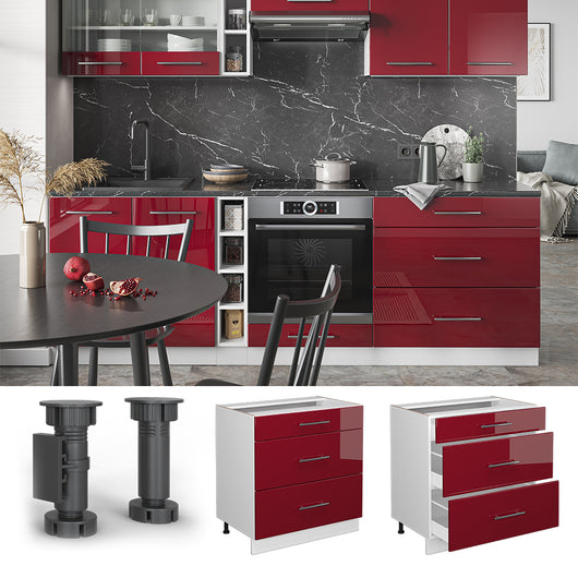 Vicco Mobiletto base per cucina Rosso bordeaux lucido 80 cm con 3 cassetti, PL Marmo