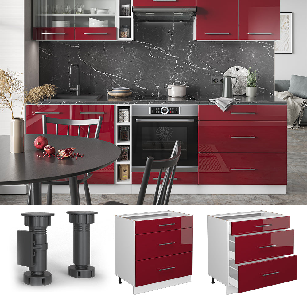 Vicco Mobiletto base per cucina Rosso bordeaux lucido 80 cm con 3 cassetti, senza piano di lavoro