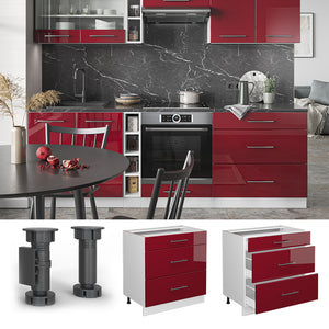 Vicco Mobiletto base per cucina Rosso bordeaux lucido 80 cm con 3 cassetti, senza piano di lavoro