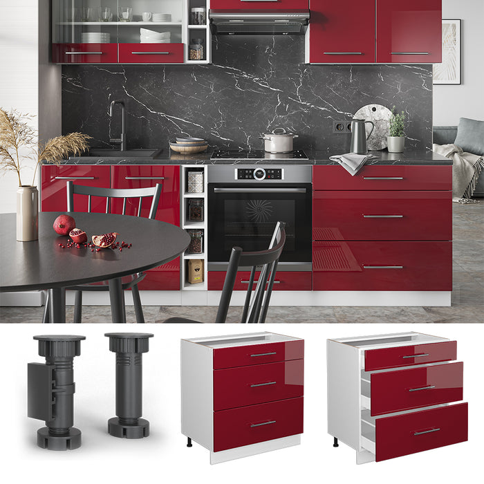 Vicco Mobiletto base per cucina Rosso bordeaux lucido 80 cm con 3 cassetti, senza piano di lavoro