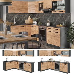 Vicco Cucina angolare completa Antracite/quercia dorata 267 x 167 cm , PL Fantasia nera