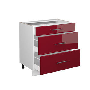 Vicco Mobiletto base per cucina Rosso bordeaux lucido 80 cm con 3 cassetti, senza piano di lavoro