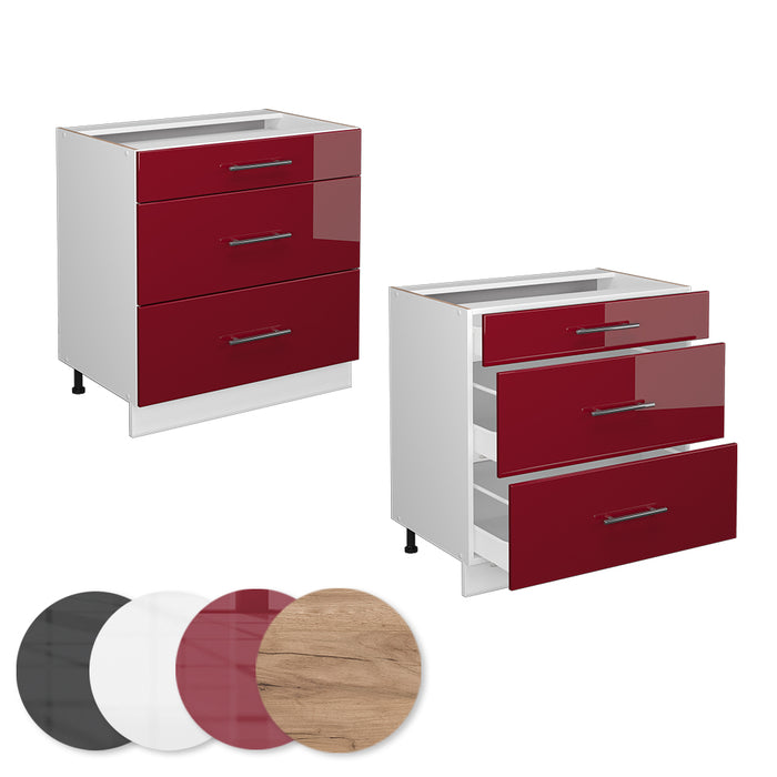 Vicco Mobiletto base per cucina Rosso bordeaux lucido 80 cm con 3 cassetti, senza piano di lavoro