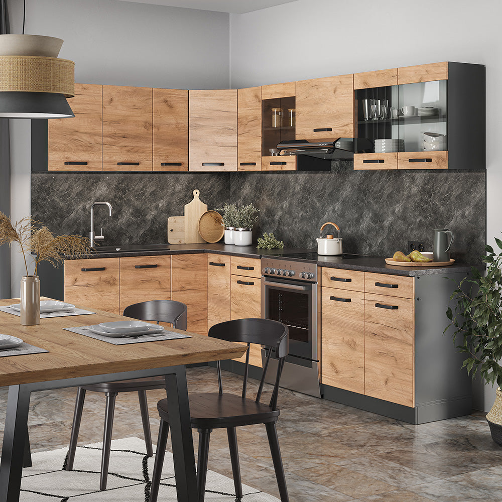 Vicco Cucina angolare completa Antracite/quercia dorata 267 x 167 cm , PL Fantasia nera