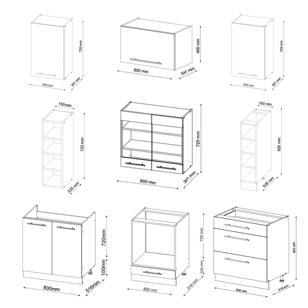 Vicco Cucina componibile Antracite lucido/bianco 235 cm senza piano di lavoro