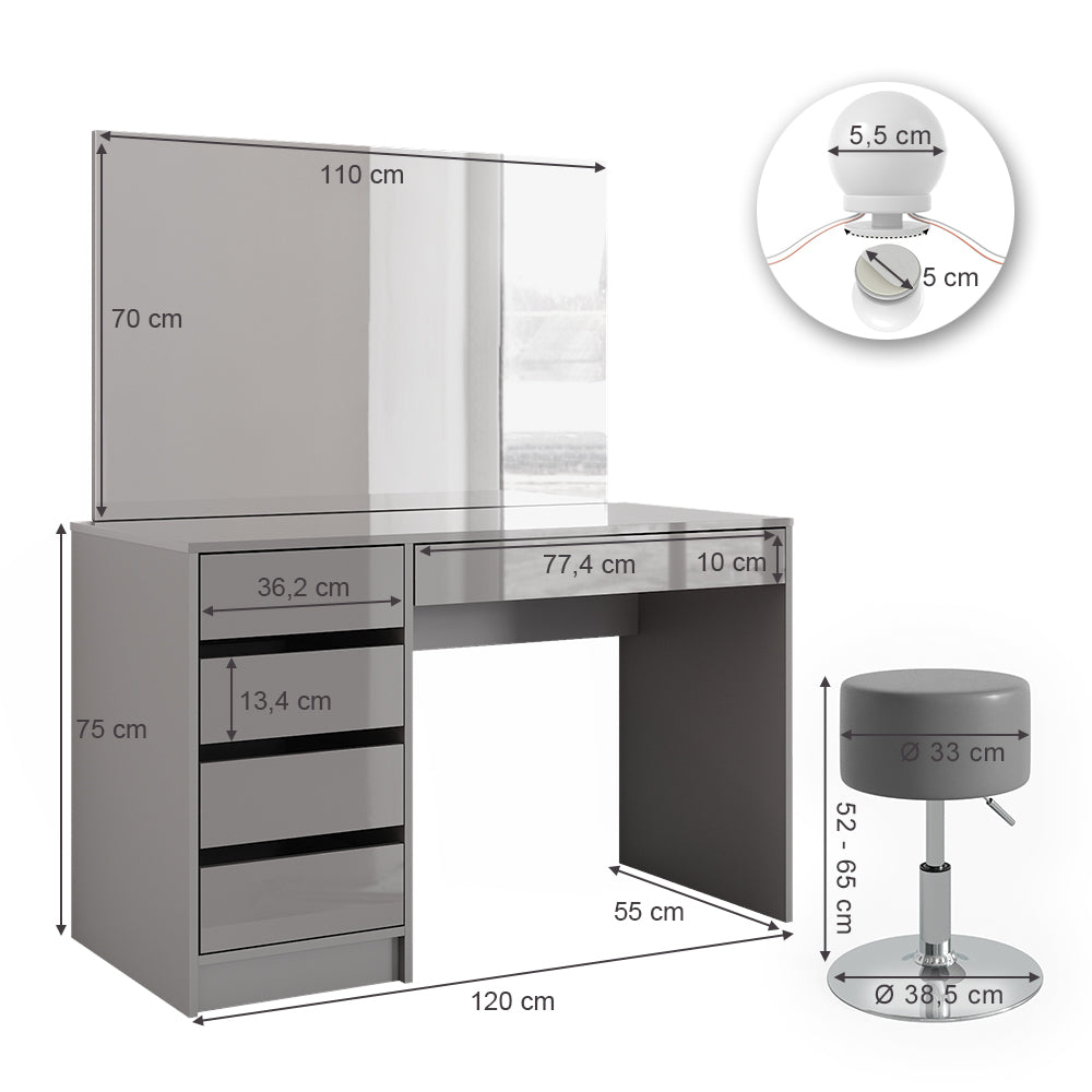 Vicco Tavolo da toeletta Grigio 55 cm con illuminazione a LED e sgabello