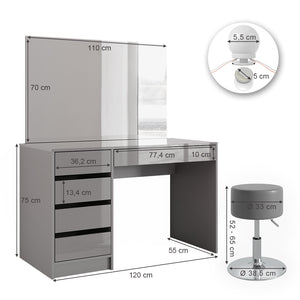 Vicco Tavolo da toeletta Grigio 55 cm con illuminazione a LED e sgabello