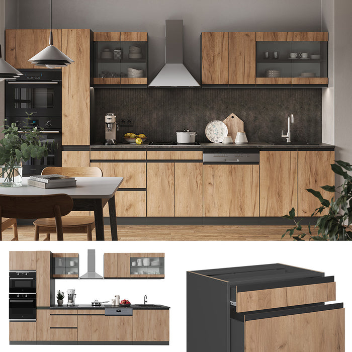 Vicco Cucina componibile Quercia dorata/antracite 350 cm Forma a J, con mobile alto, senza piano di lavoro