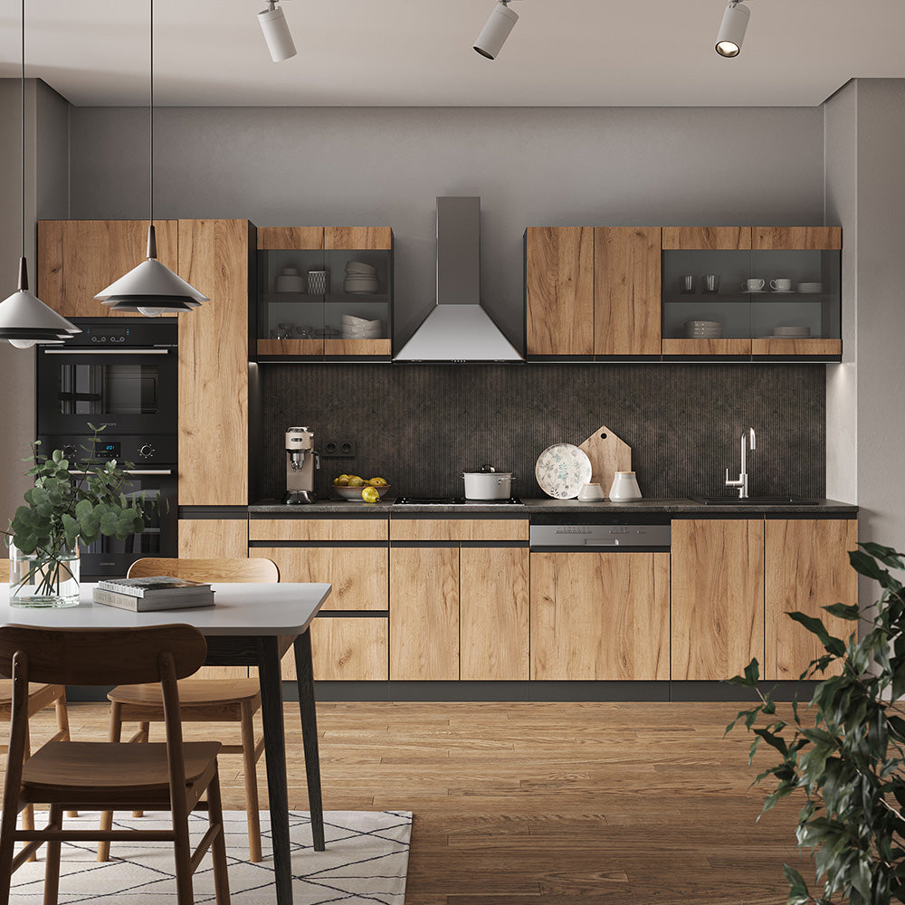 Vicco Cucina componibile Quercia dorata/antracite 350 cm Forma a J, con mobile alto, senza piano di lavoro