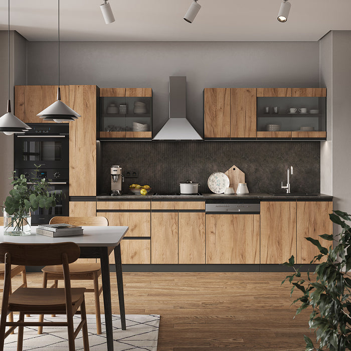 Vicco Cucina componibile Quercia dorata/antracite 350 cm Forma a J, con mobile alto, senza piano di lavoro