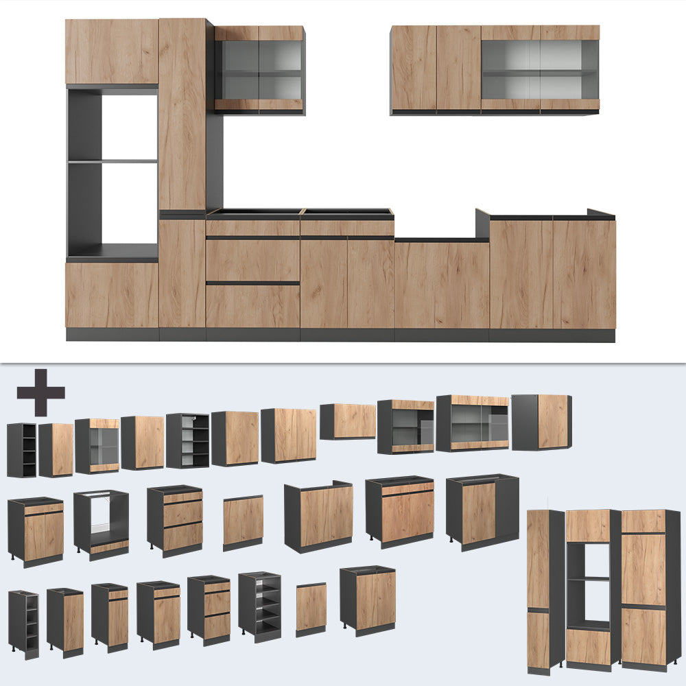 Vicco Cucina componibile Quercia dorata/antracite 350 cm Forma a J, con mobile alto, senza piano di lavoro