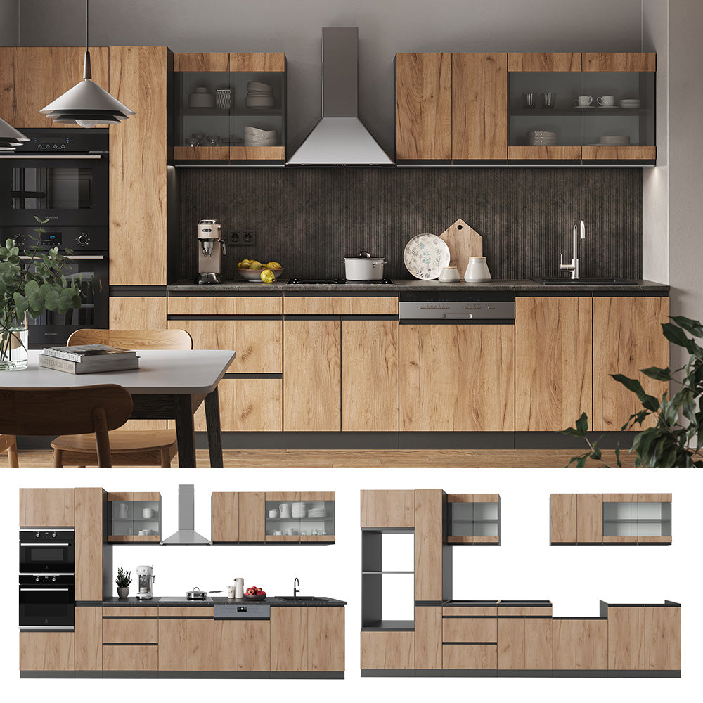 Vicco Cucina componibile Quercia dorata/antracite 350 cm Forma a J, con mobile alto, senza piano di lavoro