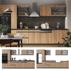 Vicco Cucina componibile Quercia dorata/antracite 350 cm Forma a J, con mobile alto, senza piano di lavoro